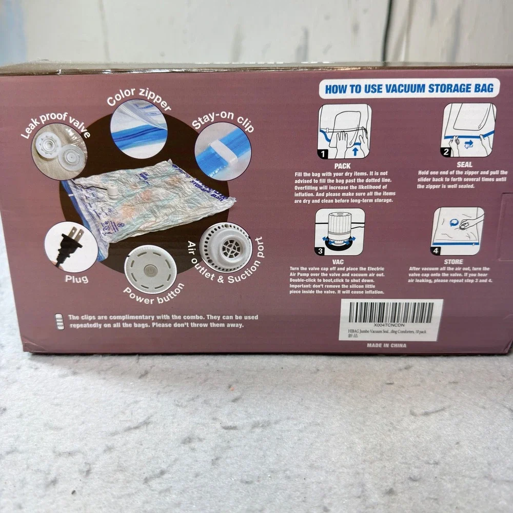 Hibag Vacuum Storage Bags 10 Jumbo Pack with Electric Pump Clear Good Condition